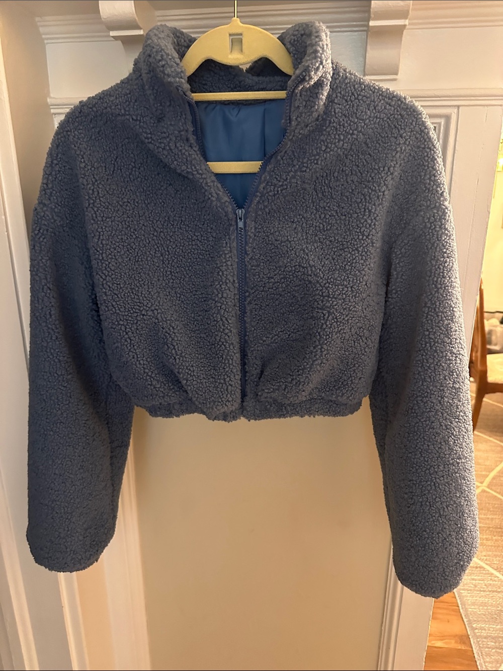 SHEIN Cropped Teddy Jacket in Charcoal Gray